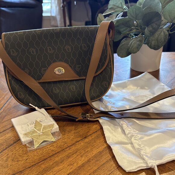 Christian Dior Honeycomb Pattern Green Shoulder Crossbody Bag Canvas/Leather GUC - Picture 1 of 16